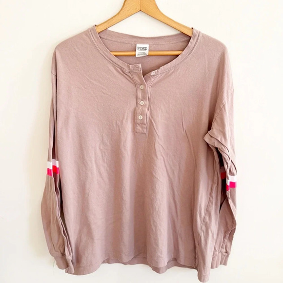 Victoria's Secret Pink beach tan Henley Campus Tee Oversized Long Sleeve top L - Picture 3 of 8
